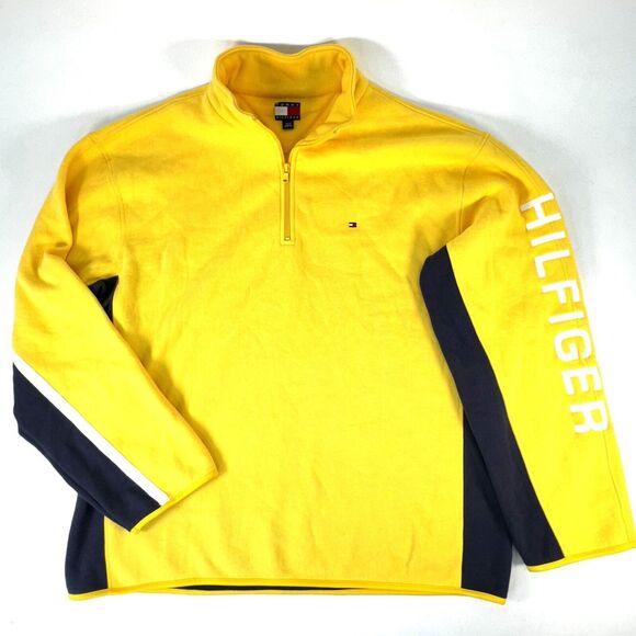 Tommy Hilfiger Other - TOMMY HILFIGER Sweatshirt Size XL Yellow Blue Spell Out Sleeve 1/4 Zip Logo